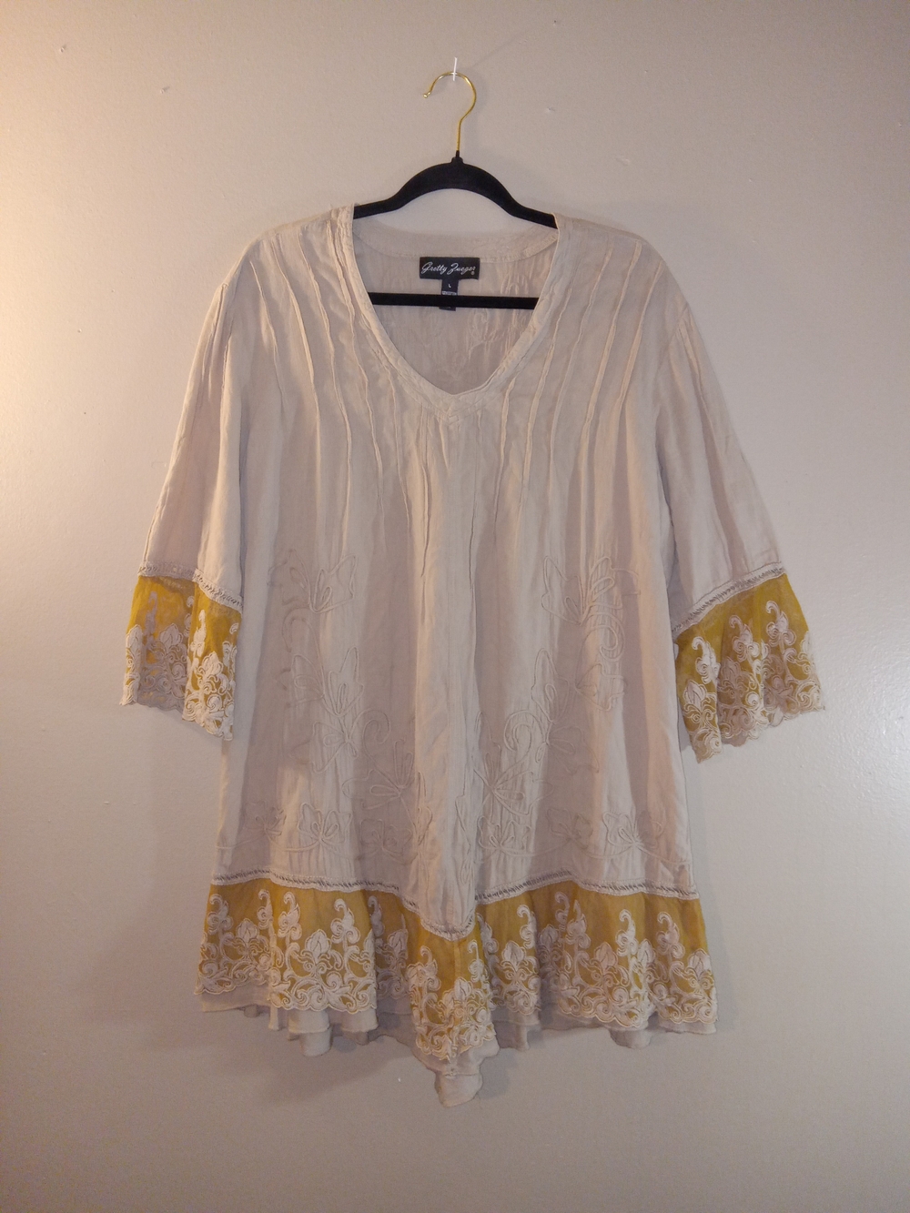 Gretty Zueger Khaki Tunic with Mustard Embroidered Trim